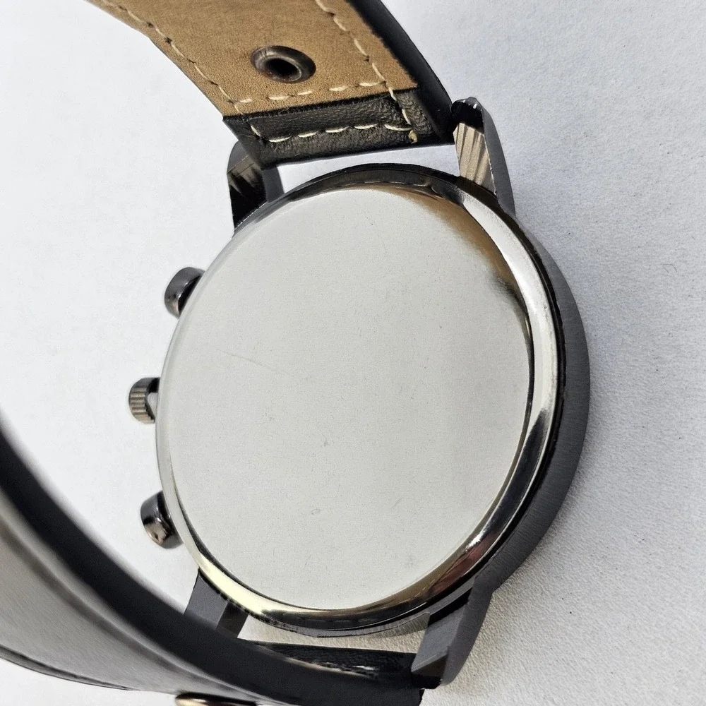 2PC Men's Watch Bracelet Set 45MM Black Dial Date Black‎ Leather Bands Working